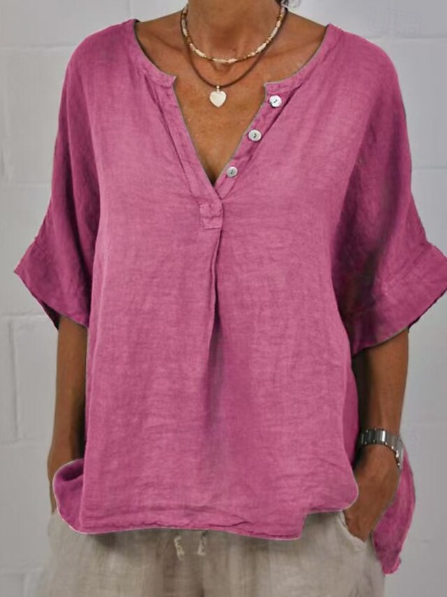  Per donna Camicia Blusa Camicie di cotone e lino Semplice Essenziale Moderno Casual Mezza Manica Scollo a V Top Regolari Quotidiano Ferie Uscire Bottoni Nero Giallo Rosa Grigio Azzurro Estate
