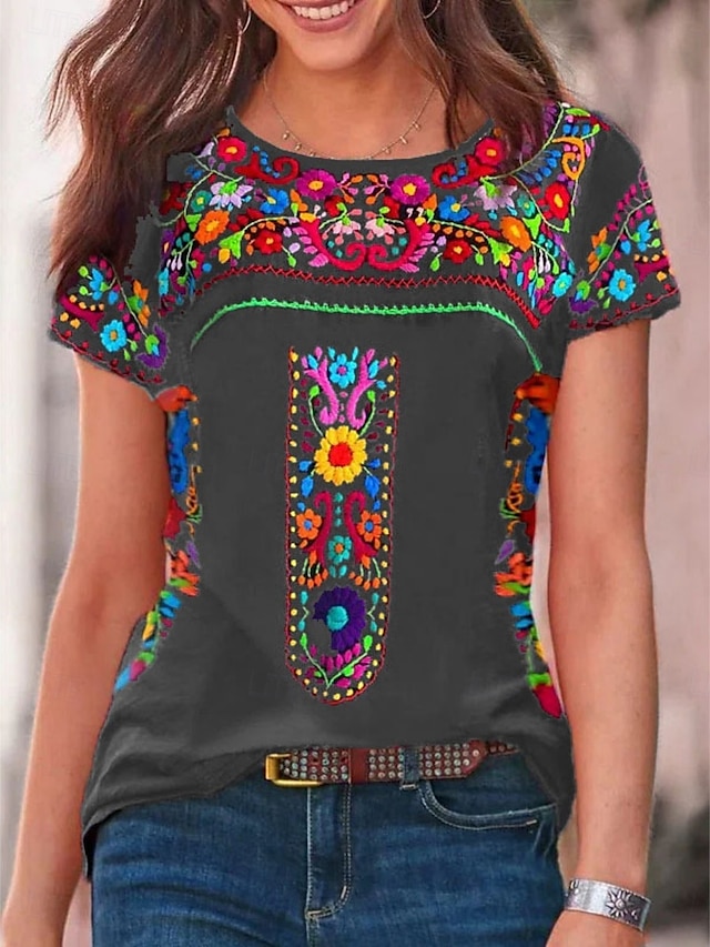  Bluza tip ie pentru femei florală bohemia activă vestică mânecă scurtă guler rotund regular tops print zilnic negru vin albastru gri vară
