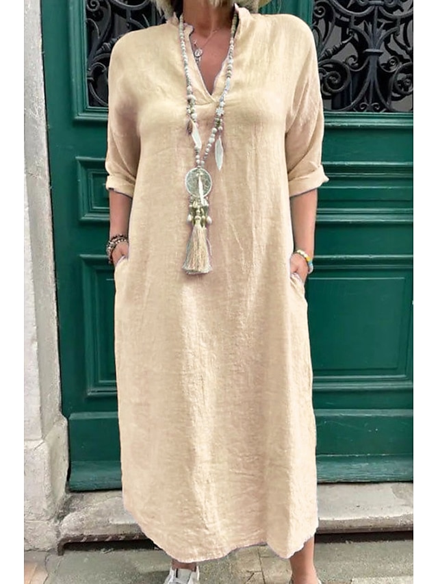  Damen Midikleid Leinen-inspirierte Kleider Baumwoll-Leinenkleid Basic Klassisch Modern Täglich Ferien Wochenende Normale Passform Einfach Langarm V Ausschnitt Rosa Grün Aprikose Leicht Blau Sommer