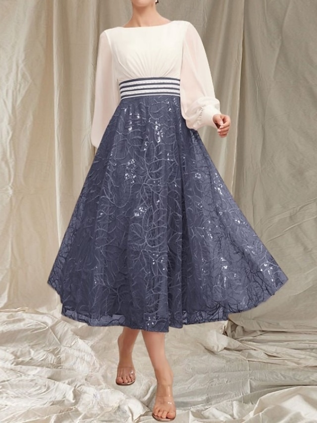  A-Linie Brautmutterkleid Hochzeitsgast Elegant Rundhalsausschnitt Tee Länge Chiffon Spitze Lange Ärmeln mit Perlen Rüschen Midi Kleid 2025