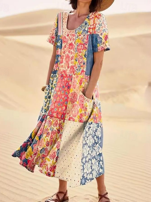  Femmes Robe Midi Robe d'Été Robe trapèze Vacances Occasionnel Boho Sortir Plage Graphique Manche Courte Col Rond Frêne Bleu Orange Vert Été Printemps