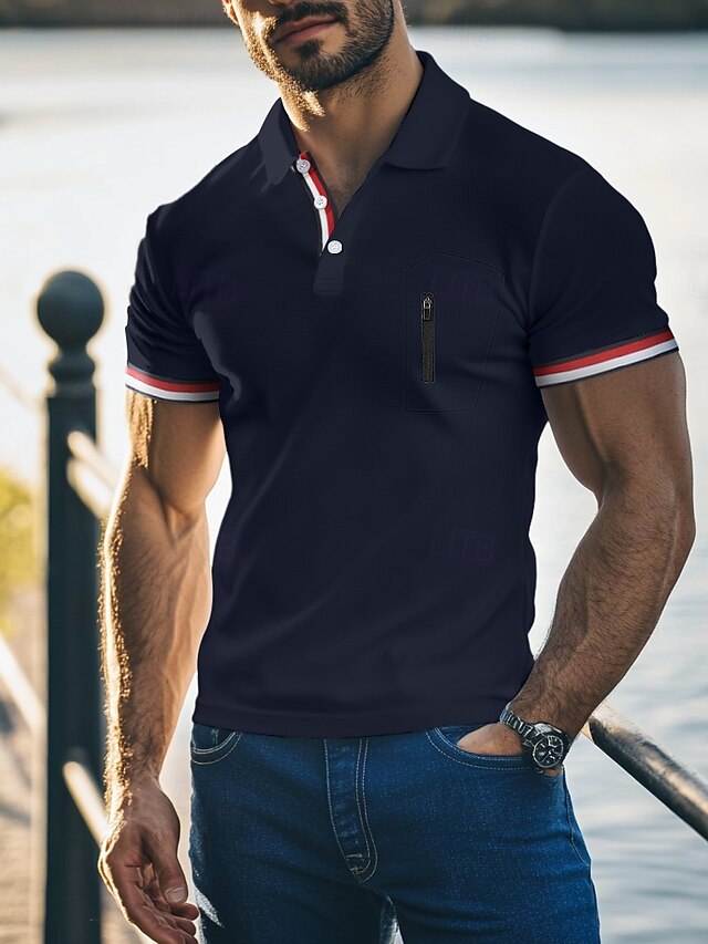  Men's Polo Golf Shirt Business Casual Classic Short Sleeve Fashion Basic Solid Color Color Block Side Pockets Front Zipper Summer Spring &  Fall Regular Fit White Navy Blue Khaki Light Blue Polo