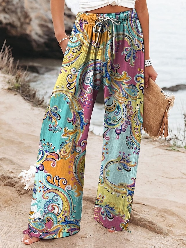  Pantalones baggy de chinos de pierna ancha de algodón y lino para mujer Activos Vacaciones Largos Cintura alta Floral Cinturilla elástica Estampado Cómodos Suaves Confortables Micro-elástico Exterior