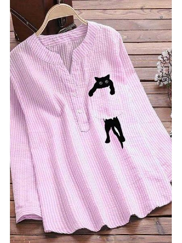  Damen Hemd Bluse Baumwoll-Leinen-Hemden Gestreift Basic Modern Langarm V Ausschnitt Normale Oberteile Täglich Ferien Ausgehen Knöpfe Tasche Schwarz Rosa Leicht Blau Sommer