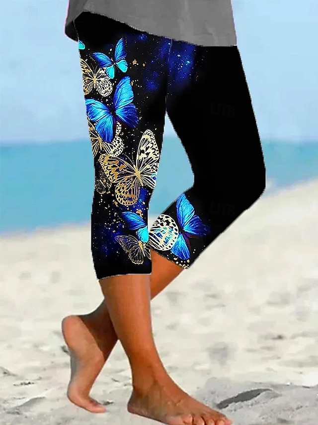  Leggings da donna pantaloni capri alta elasticità vacanza moda hawaiana lunghezza polpaccio vita media stampa grafica farfalla traspirante morbido vacanza casual quotidiano nero estate primavera