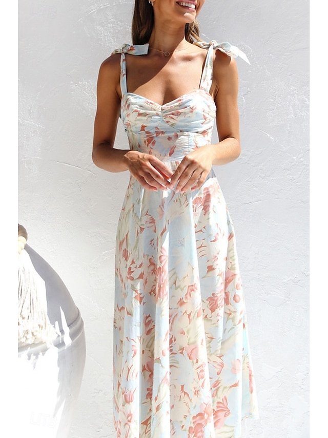  Pentru femei Rochii Midi Rochie de absolvire Rochie florala Rochie Slip Rochie imprimata Modă În aer liber Vacanță Absolvire Fit regulat Floare Fără manșon Bretele Spagheti Albastru piscină Caisă Vară