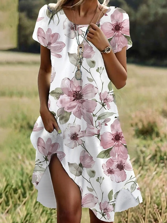  Robe Mini Femme Robe A Ligne Robe Décontractée Robe T Shirt Robe Tee Robe Sundress Stylée Décontractée Vacances Décontractée Quotidienne Ajustement Régulier Graphique Floral Manches Courtes Col Rond