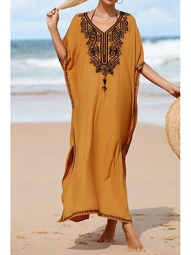  Women's Midi Dress Casual Dress Boho Dress Print Dress Fashion Modern Going out Beach Weekend Regular Fit Flower Short Sleeve V Neck Yellow Summer