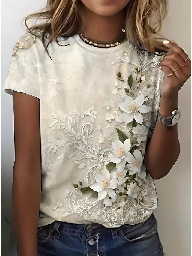 Women's T Shirt Floral Graphic Stylish Casual Short Sleeve Round Neck Regular Tops Daily Weekend Print off-white Summer Spring3