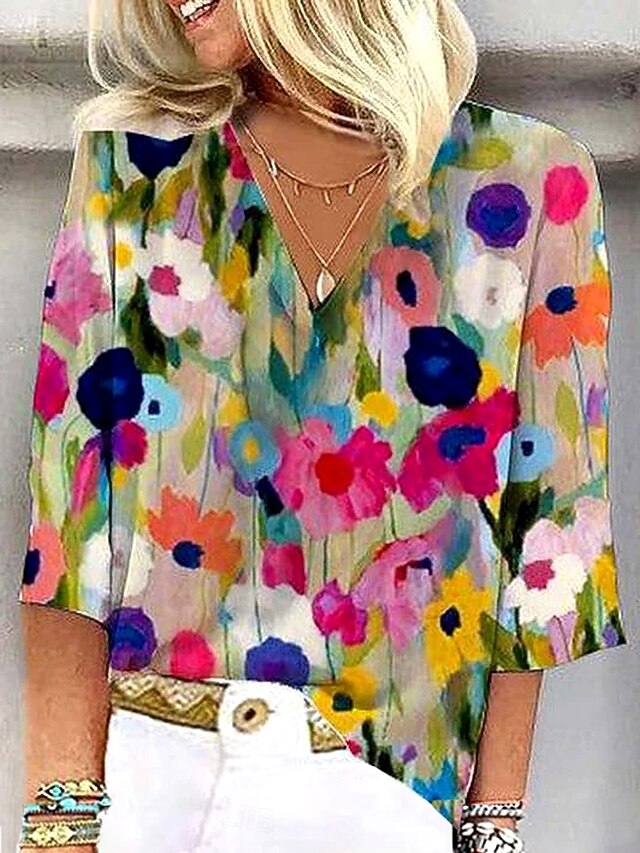 Kimono Cardigan Femme - Polyester Fluide, Manches 3/4, Col V, Motif Fleur, Pour Plage, été, Automne