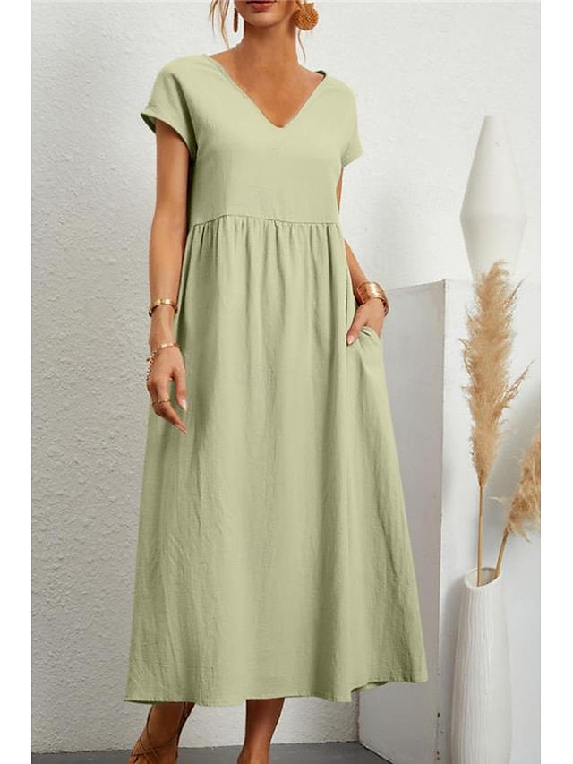  Per donna Abito Midi Abiti ispirati al lino Abito in cotone e lino Essenziale Classico Moderno Vacanza Quotidiano Ferie Vestibilità regolare Semplice Manica Corta Scollo a V Nero Verde chiaro Rosa