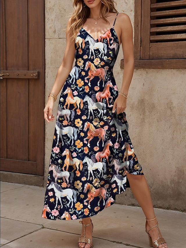  Kentucky Derby Damen Midikleid Sommerkleid A Linie Kleid Unterkleid Elegant Urlaub Lässig Urlaub Täglich Strand Normale Passform Blumen Grafik Tiermotiv Ärmellos V Ausschnitt Orange Sommer Frühling