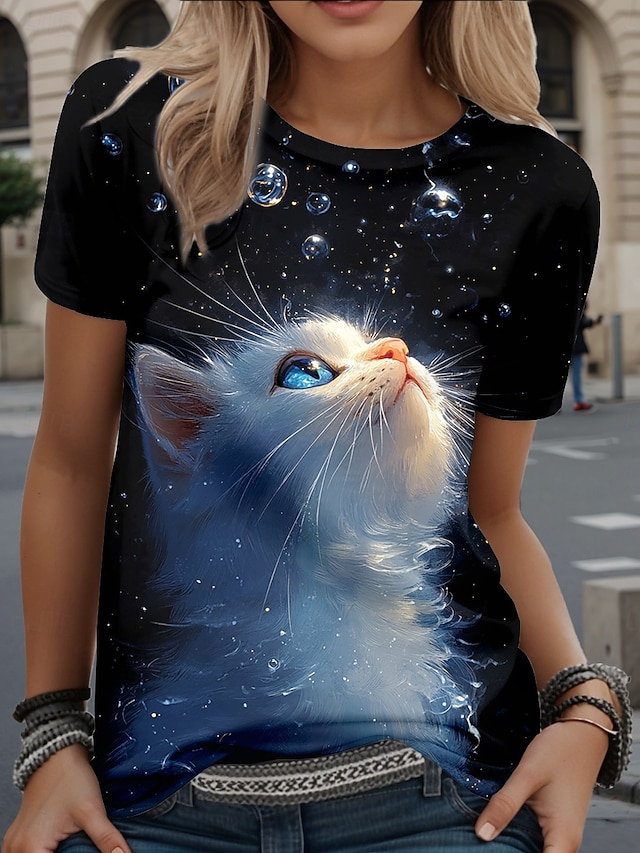  女性用 Tシャツ グラフィック 動物 猫 スタイリッシュ カジュアル 半袖 ラウンドネック レギュラートップス 日常 週末 プリント ブラック 夏 春