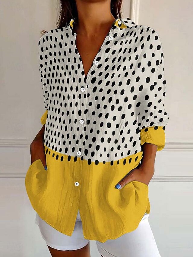 Women's Shirt Button Down Tunic Shirt Collar Long Sleeve Graphic Polka Dot Casual Regular Tops Work Daily s Print Yellow Blue Purple Spring Fall Winter4