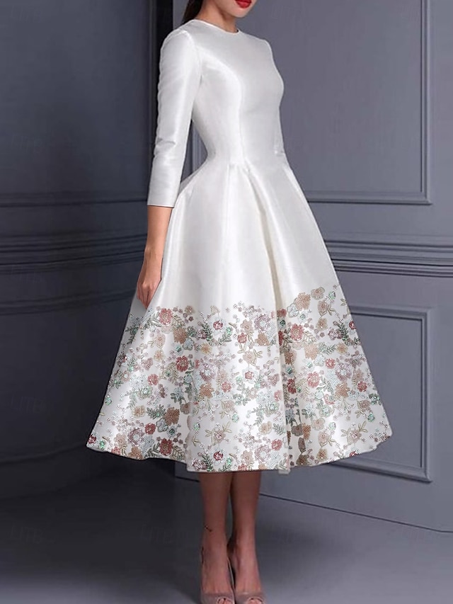  Floral Pink A-Line Cocktail Dresses Elegant Dress Formal Valentine's Day Tea Length 3/4 Length Sleeve Jewel Neck Belt / Sash Satin with Glitter Slit Embroidery