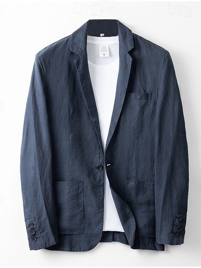  Herre Blazer i hør Jakkesæt Bryllup Jubilæum Ferierejse Elegant Neutral Forår & Vinter Bomuld Linned Helfarve Knapper comfy Enkeltbrystet med én knap Blazer Hvid Navyblå Beige Grå