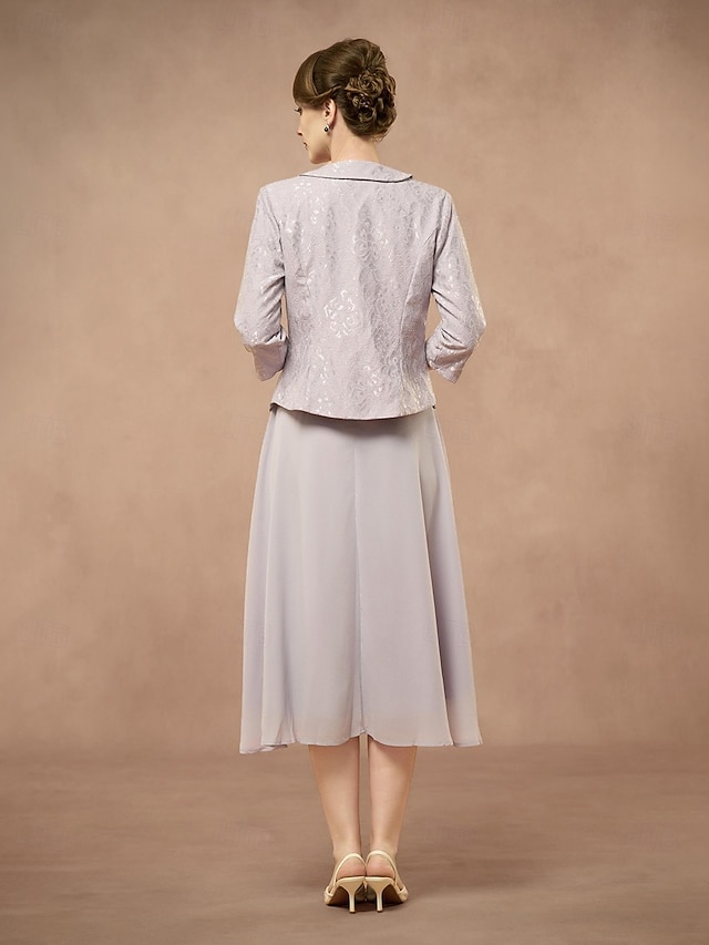 Two Piece A-Line Mother of the Bride Dress Elegant Crew Neck Tea Length ...