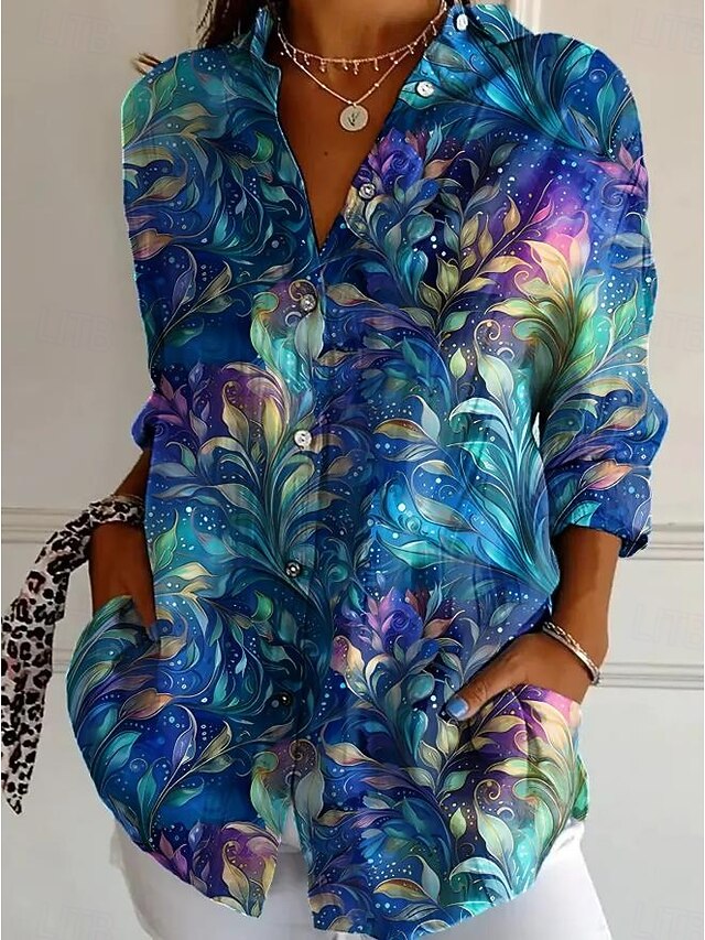 Women's Shirt Button Down Tunic Shirt Collar Long Sleeve Floral Graphic Casual Regular Tops Work Daily s Print Blue Beige Spring Fall Winter3