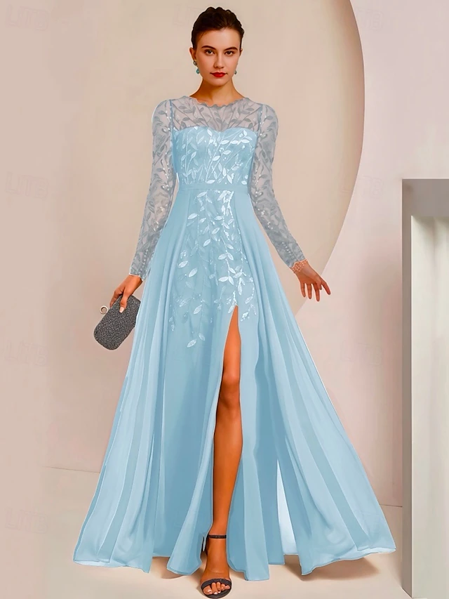 A-Line Mother of the Bride Dress Wedding Guest Elegant Jewel Neck Floor Length Chiffon Lace Sequined Long Sleeve with Split Front Ruching Solid Color 13