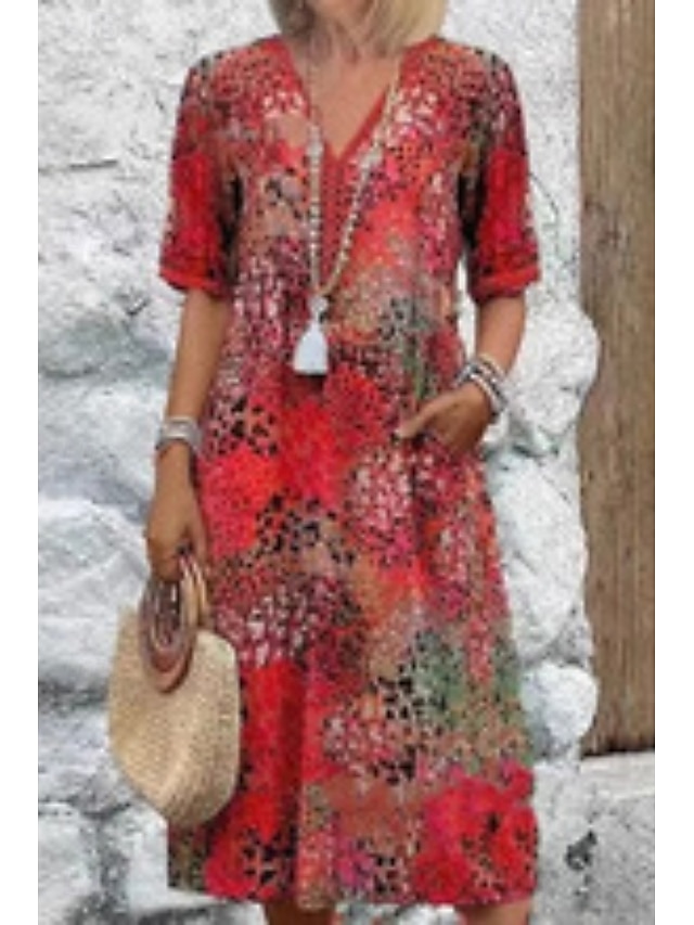  Pentru femei Rochii Midi Rochie imprimata Modern În aer liber Vacanță Concediu Fit regulat Floare Manșon scurt În V Roșu-aprins Albastru piscină Kaki Roz trandafiriu Vară