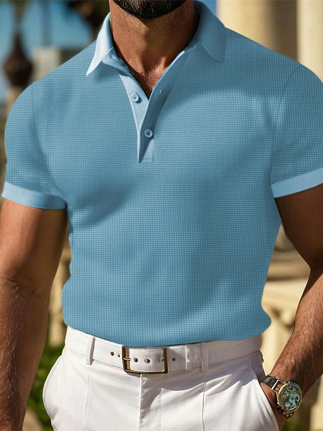  Herr Våffelpikétröjor Golftröja Arbete Ledigt Kavajslag Kortärmad Grundläggande Modern Slät Knappar Sommar Vår Normal Svart Vit Gul Rubinrött Ljusgrå Ljusblå Våffelpikétröjor