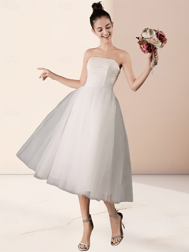  Piccoli Abiti Bianchi per Fidanzamento Abiti da Sposa A-Line Scollo a Cuore Senza Spalline Lunghezza Te Satinati Abiti da Sposa con Pieghe Colore Solido