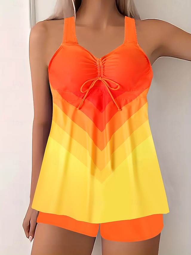  Női Extra méret Fürdőruha Tankini 2 darab Fürdőruha Magas derék Fürdőruha Magas derék Push up Kötött Stílusos Strandruházat Ombre Színes Kerek Ujjatlan Fürdőruhák