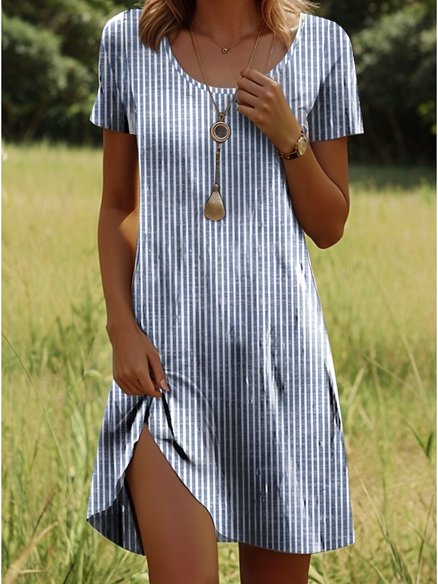  Women's Mini Dress Petite Dress Casual Dress T Shirt Dress Tee Dress A Line Dress Summer Dress Stylish Casual Vacation Casual Daily Regular Fit Graphic Stripe Short Sleeve Crew Neck Light Blue Summer