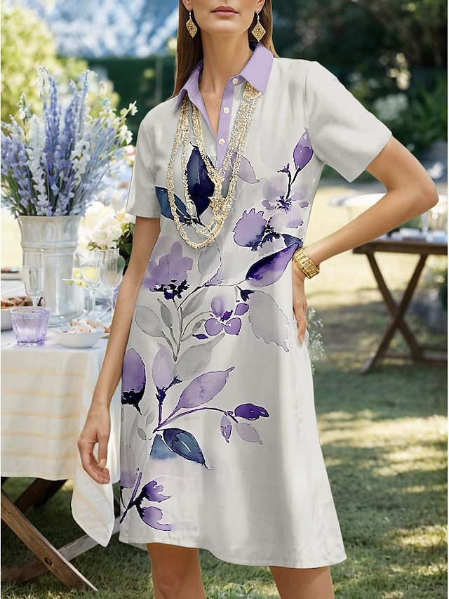 Per donna Abito Midi Abito a trapezio Vacanza Casual Quotidiano Data Vestibilità regolare Floreale Grafico Foglia Manica Corta Colletto a Camicia Argento Estate Primavera
