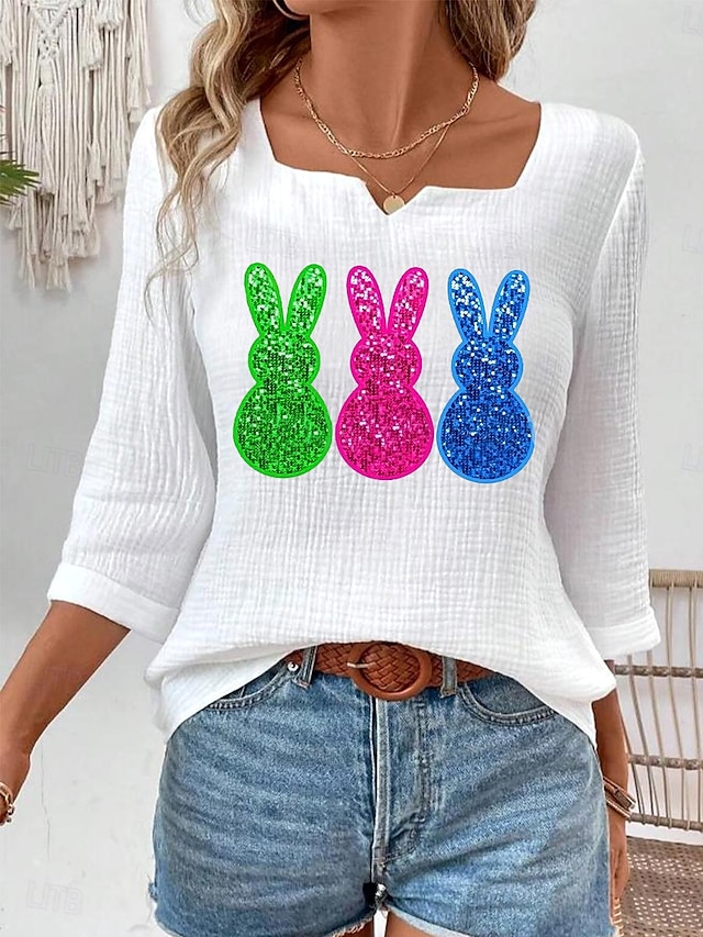  Frau Bluse Tierisch Elegant 3/4 Länge Ärmel Eingeschnittener Hals Regulär Oberteile Täglich Leinenartig Ausgehen Print Weiß Sommer