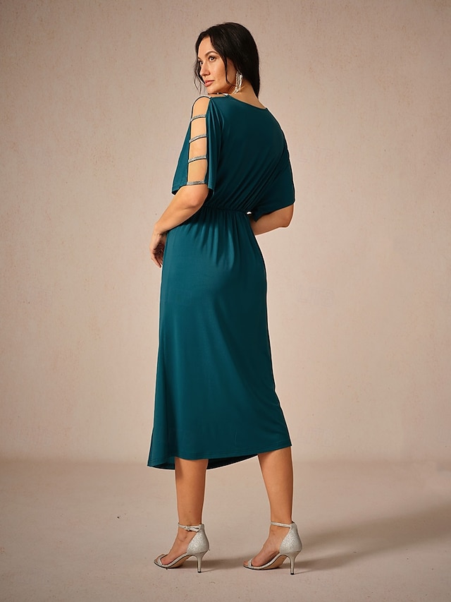  Femme Robe mi-longue Robe en maille Elégant mode Soirée Rendez-vous Standard Couleur unie Manche Courte Col V Bleu Encre Eté