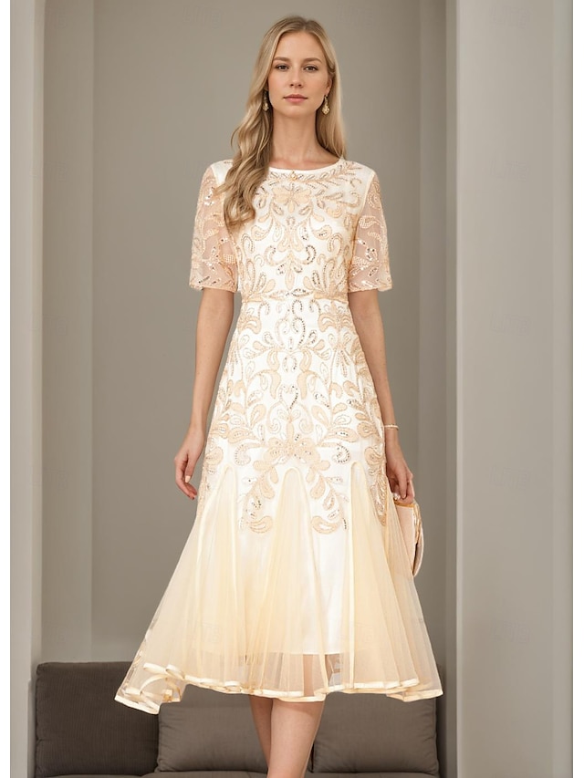  A-Line Beaded Dress Mother of the Bride Elegant Vintage Party V Neck Floor Length Lace Beaded Sequin Lace Short Sleeve with Flare