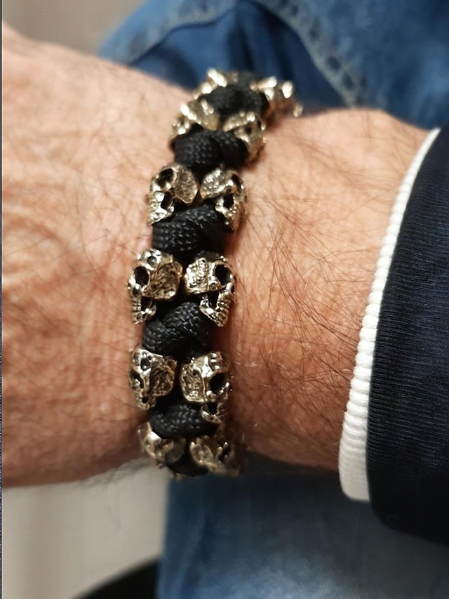  Bracelet punk tête de mort pour homme - Bracelet de survie en paracorde tissé à la main, bracelet de motard gothique en métal, bijoux de style rock pour fêtes et concerts