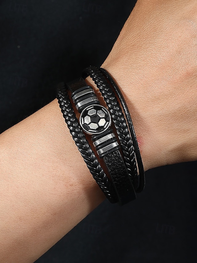  Men's Soccer Bracelet – Black Faux Leather Braided Wrap Bracelet with Football Charm, Sports-Inspired Jewelry for Casual Wear & Gifts