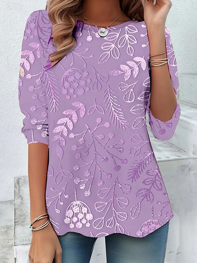  Kvinders T-Shirt 3D Print Blomstret Grafisk Casual Langærmet Crew Neck Regulære Toppe Daglig Print Pink Lilla Grøn Khaki Sommer Forår Efterår