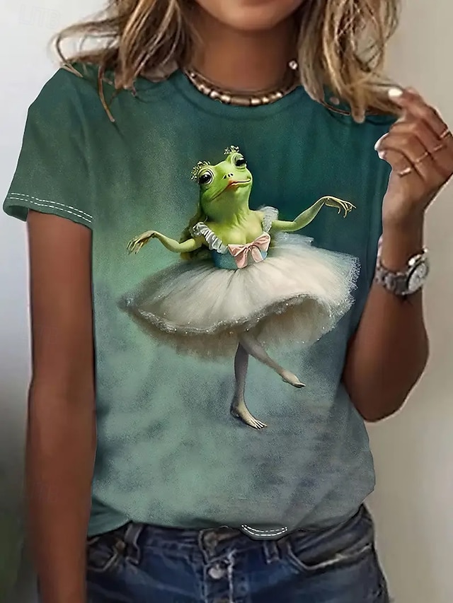  Dame T skjorte Sommertopper Grafisk Dyr Klassisk Fritid Kortermet Crew-hals Crop Tops Daglig Helg Trykt mønster Regnbue Sommer Vår Høst