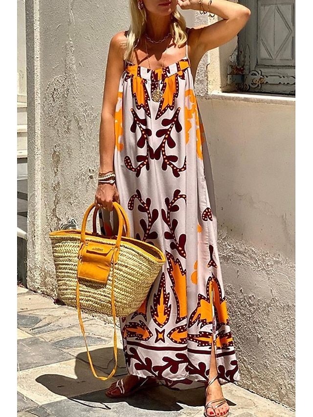  Femmes Robe Longue Maxi Robe Robe Fleurie Robe Nuisette Robe bohème Robe Imprimée Classique Sortir Plage Week-end Coupe régulière Fleur Sans manches Bretelles spaghetti Gris Été
