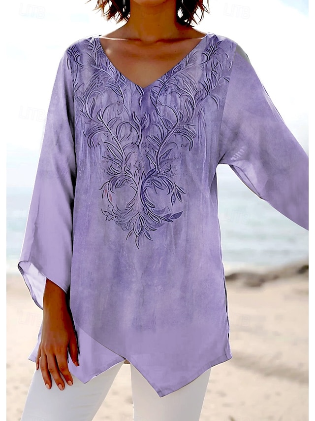  Women's Blouse Floral Graphic Stylish Ethnic Beach Short Sleeve V Neck Regular Tops Daily Holiday Print Pink Blue Purple Green Summer Spring