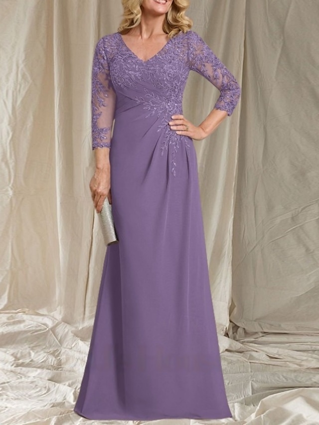  A-Linie Brautmutter Kleid Hochzeitsgast Elegant V-Ausschnitt Bodenlänge Chiffon 3/4-Länge Ärmel mit Perlenapplikationen