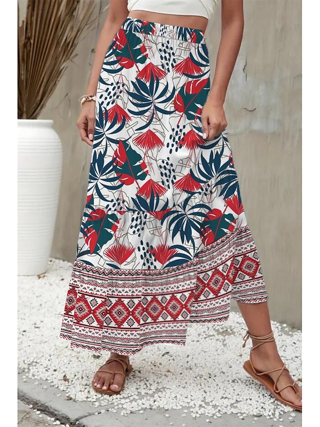  Damen Rock Mode Boho Maxi Mittlere Hüfthöhe Röcke Blumen Druck Mikroelastisch Straße Ausgehen Rote Sommer Polyester