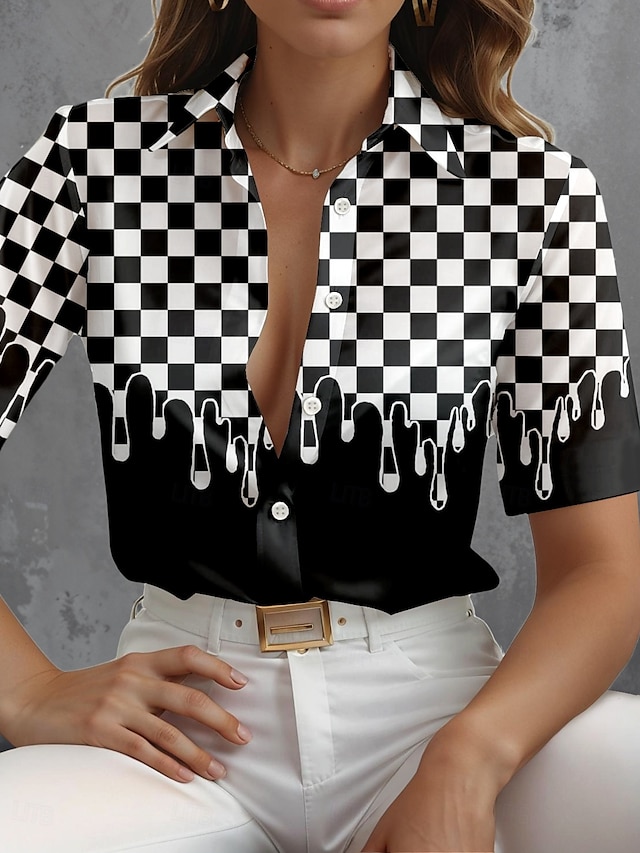  Camicia da donna a maniche lunghe blusa con bottoni grafica geometrica quotidiana elegante a maniche corte colletto regolare top quotidiani nera estate primavera