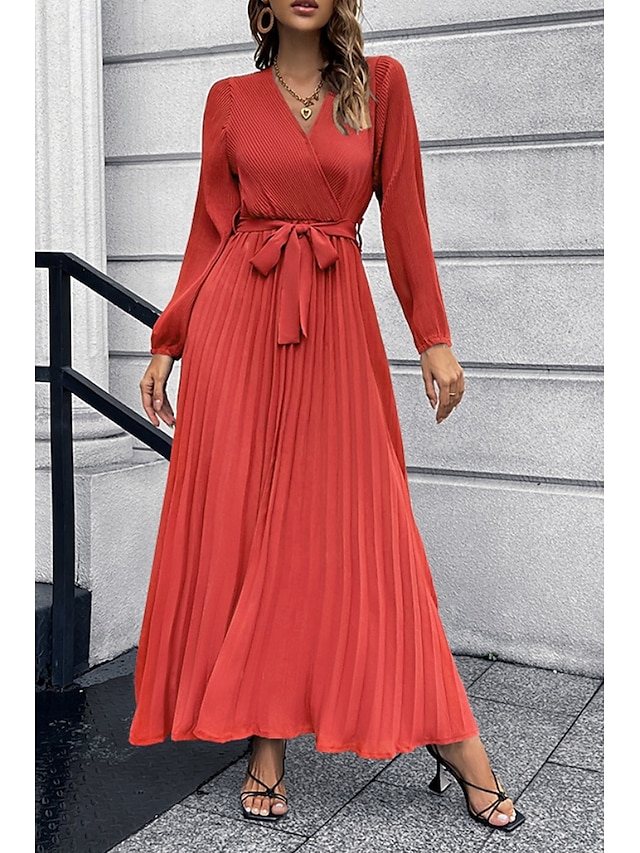  Damen Langes Kleid Maxikleid Cocktailkleid Gerafftes Kleid Elegant Mode Geburtstag Teegesellschaft Ausgehen Normale Passform Einfach Langarm V Ausschnitt Schwarz Rote Grün Sommer