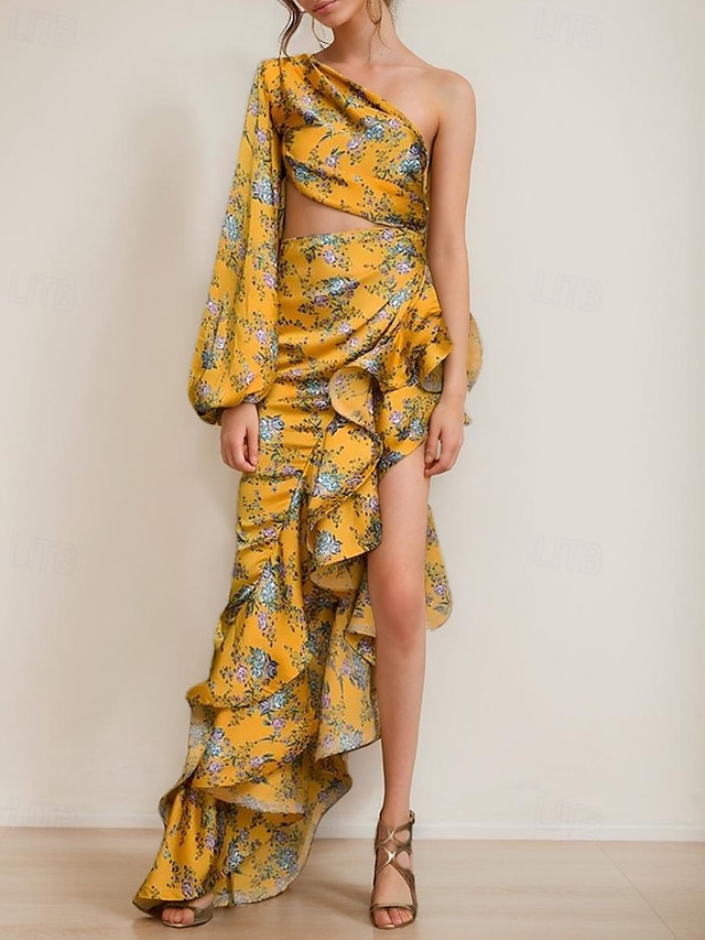  Mermaid / Trumpet Evening Gown Elegant Dress Wedding Wedding Guest Floor Length Long Sleeve One Shoulder Asymmetrical Neckline Satin with Floral Print Pleats Ruffles Wedding Guest Dress 2025