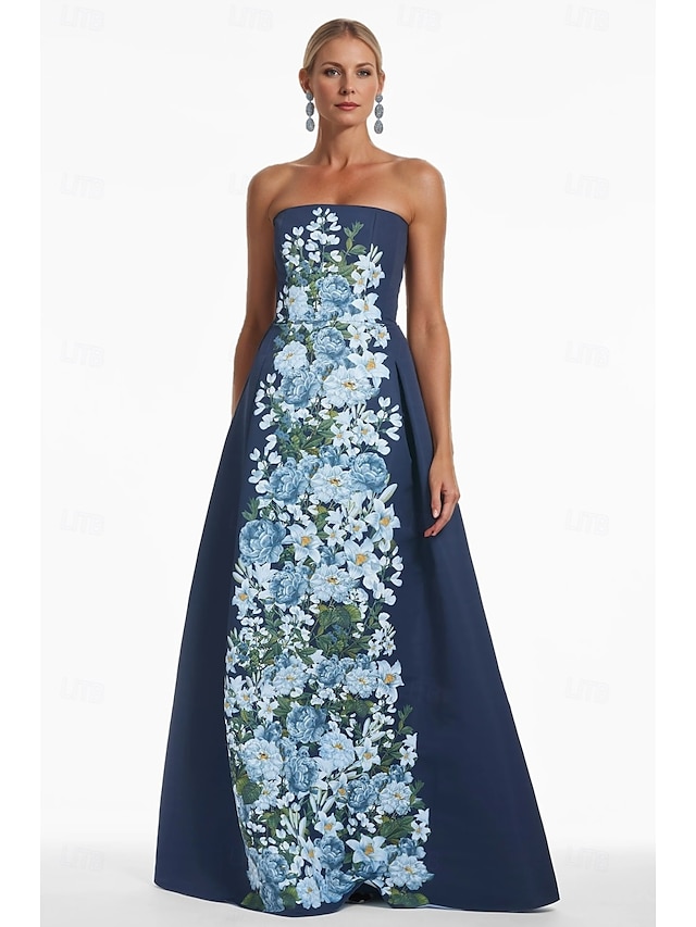  Grön Blommig A-Linje Kvällsklänning Elegant Klänning Formell Bröllop Golvlängd Ärmlös Strapless Satin Bröllop Gäst Klänning