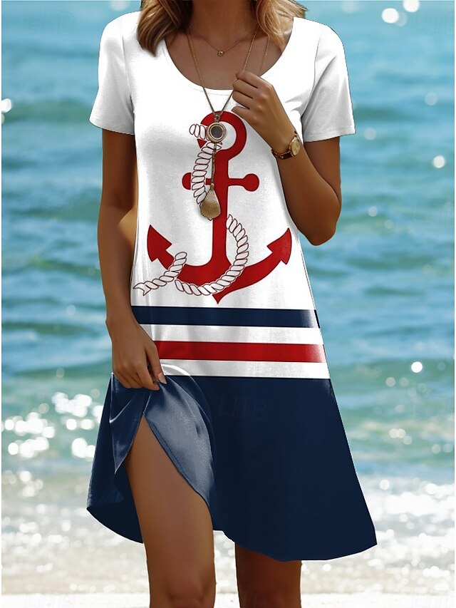  Damen Mini Kleid T-Shirt Kleid Tee Kleid Shift Kleid Formal Urlaub Täglich Regulärer Fit Grafisch Streifen Meer Kurzarm Rundhalsausschnitt Marineblau Sommer Frühling
