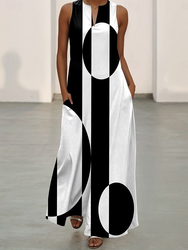 Women's Maxi Dress A Line Dress Casual Vacation Daily Loose Fit Geometric Sleeveless Notched Neck Black Summer4