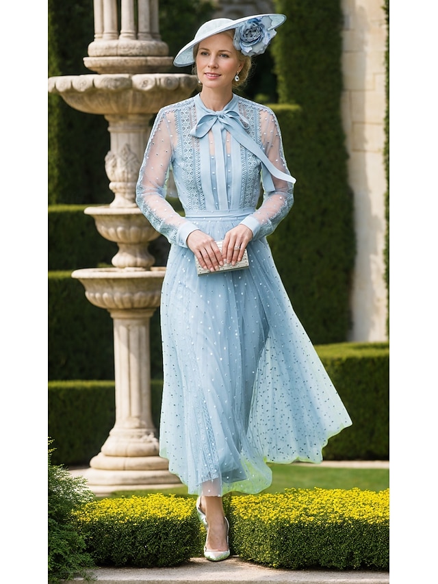  vestido de mãe da noiva em linha A, elegante, simples, gola de camisa, bolinhas, comprimento até o chão, laços, chiffon, manga longa com apliques de renda 2025