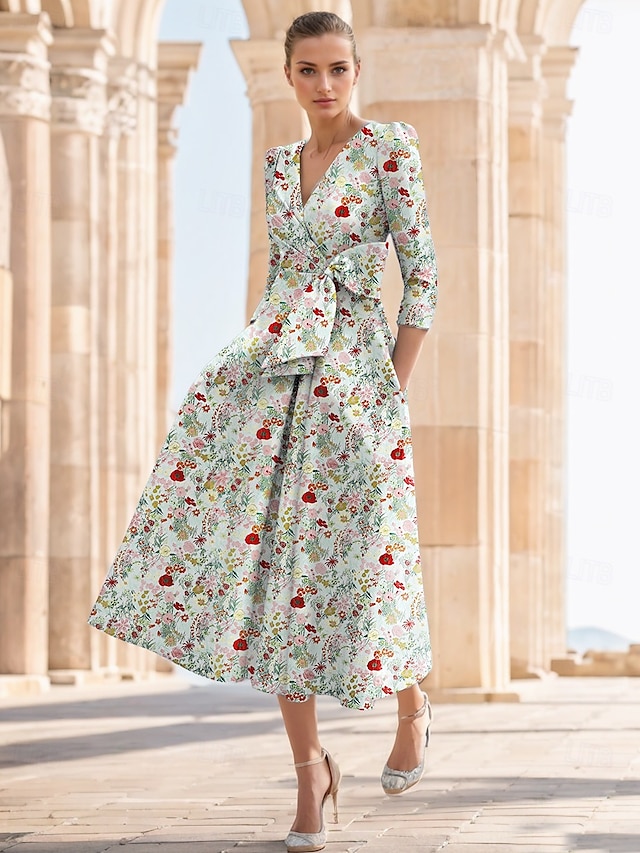  Jacquard Bloemen A-lijn Cocktailjurken Elegante Formele Bruiloft Enkellengte Halve Mouw V-hals Nylon met Bloemenprint Vlinderzak Bruiloft Gast Jurk
