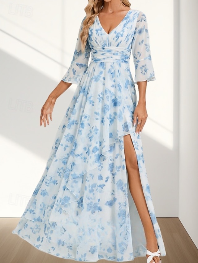  A-Line Brudens mor Kjole Bryllupsgjest Elegant V-hals Gulvlengde Chiffon 3/4 Lengde Erme med Folder Rynket Splitt Foran Bryllupsgjest Kjole 2025