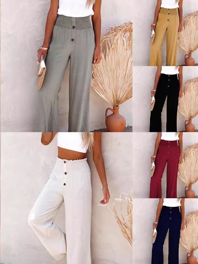  Mujer Pantalones de lino y algodón pantalones Casual Longitud total Cintura Media Plano Cintura elástica Confortable Al Aire Libre Deporte Calle Vino Azul marinero Gris Negro Verano Ajuste regular